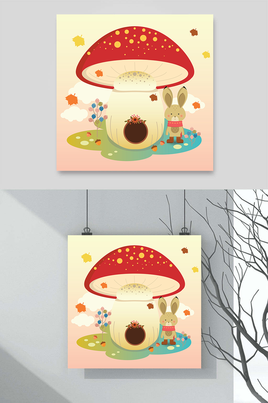 可爱小兔子蘑菇屋卡通动物插画元素素材