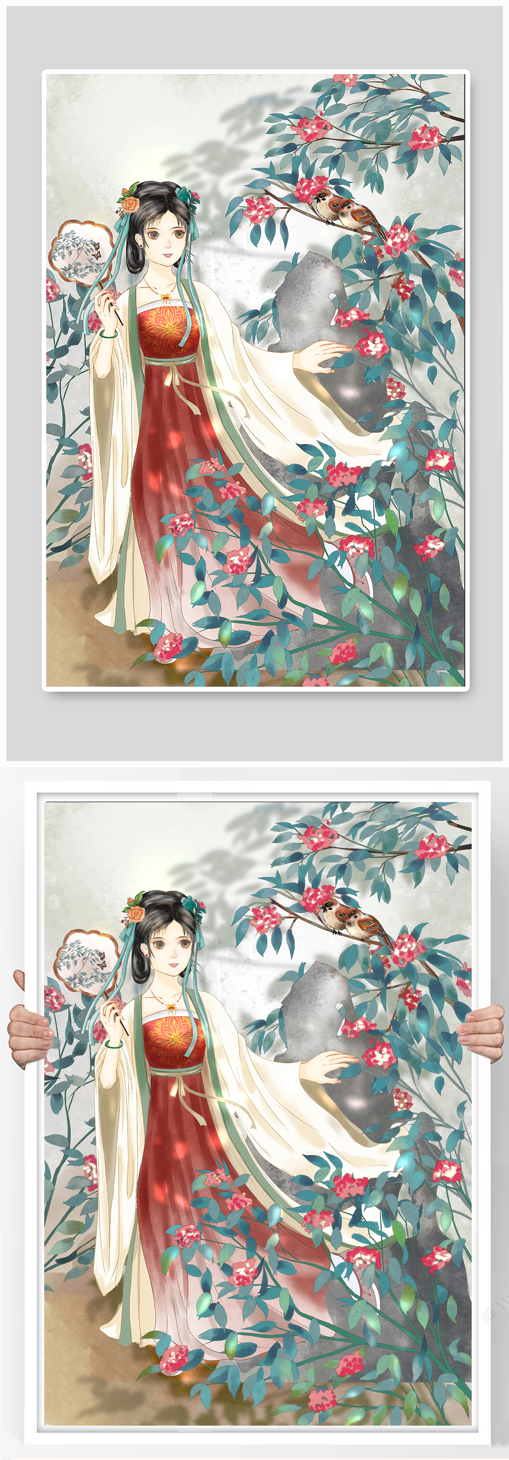 夏日庭院赏花一角古风人物插画素材