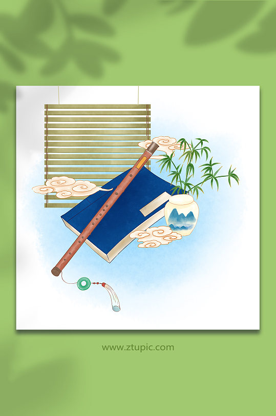 古风中式乐器花卉物品笛子插画-众图网