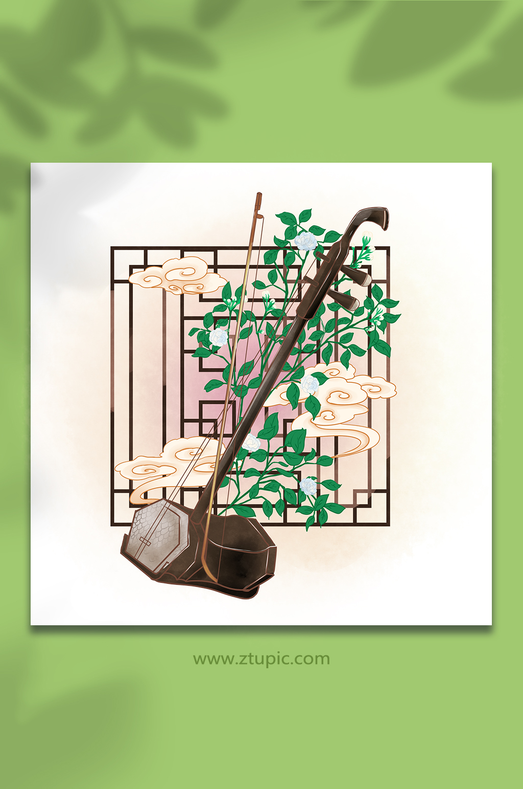 古风中式乐器花卉物品二胡插画素材