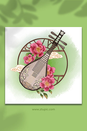 古风中式乐器花卉物品琵琶插画