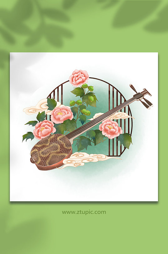 古风中式乐器花卉物品三弦插画