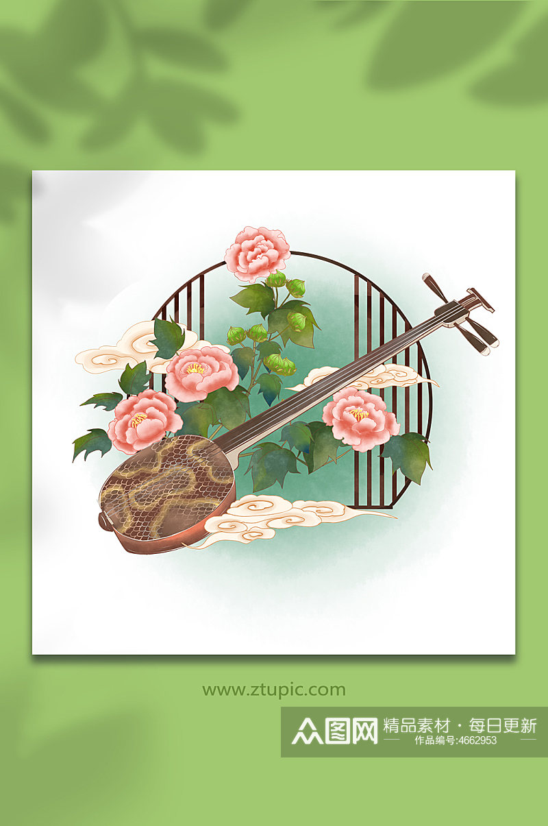 古风中式乐器花卉物品三弦插画素材