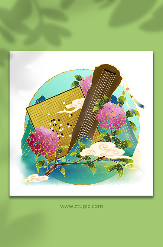 中式国潮琴棋组合琴棋书画物品元素插画