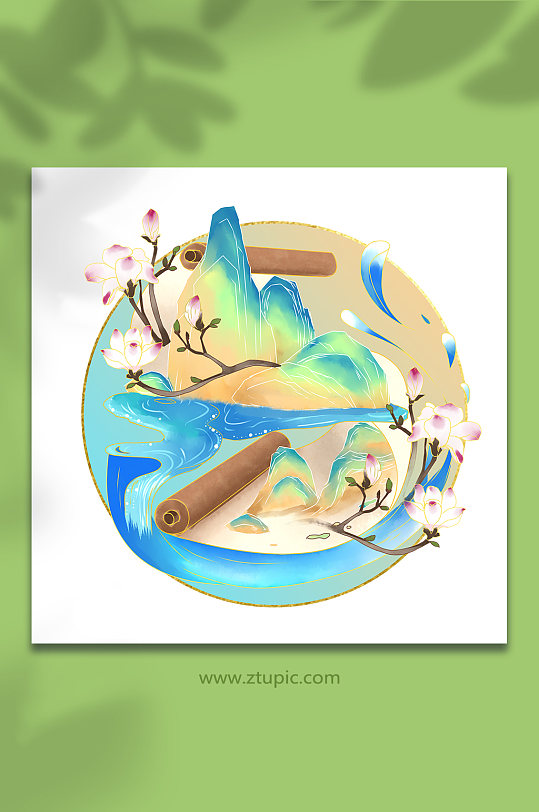中式山水玉兰画卷琴棋书画物品元素插画-众图网