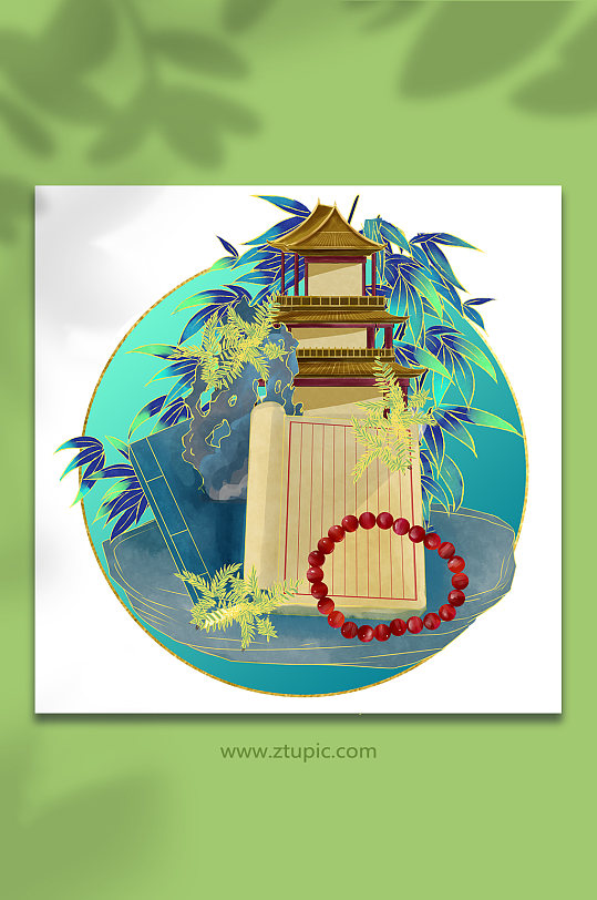 中式书建筑竹林琴棋书画物品元素插画-众图网