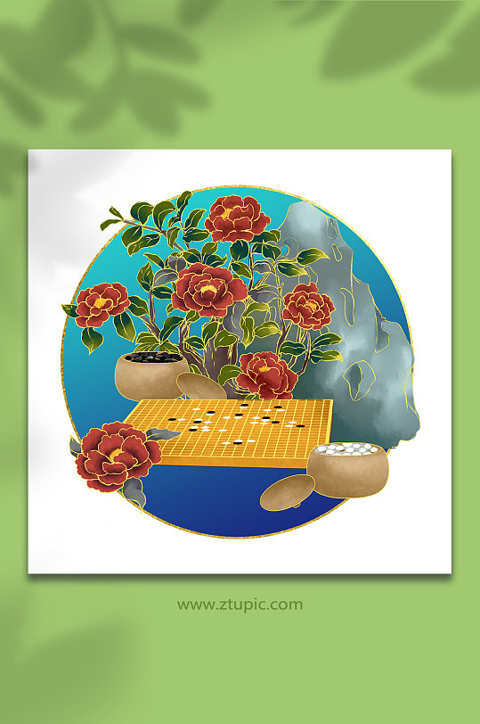 中式下棋茶花琴棋书画物品元素插画-众图网