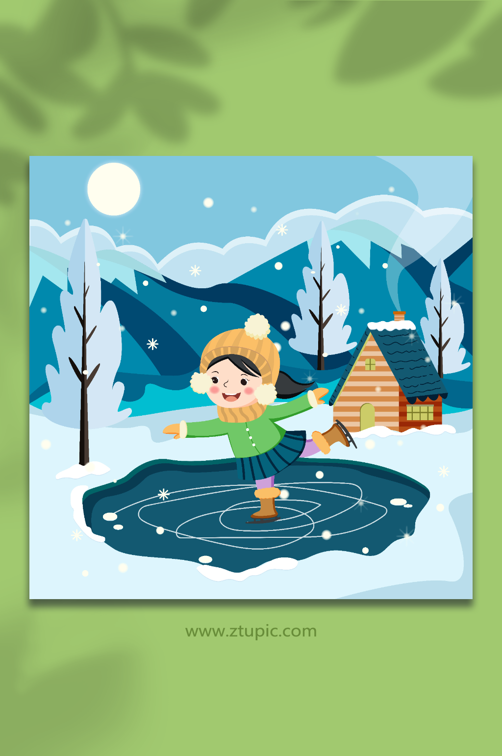 冬季雪景雪地女孩滑雪AI矢量插画素材