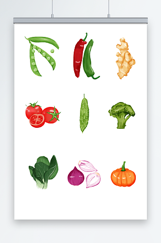 蔬菜豌豆辣椒洋葱西红柿苦瓜元素插画