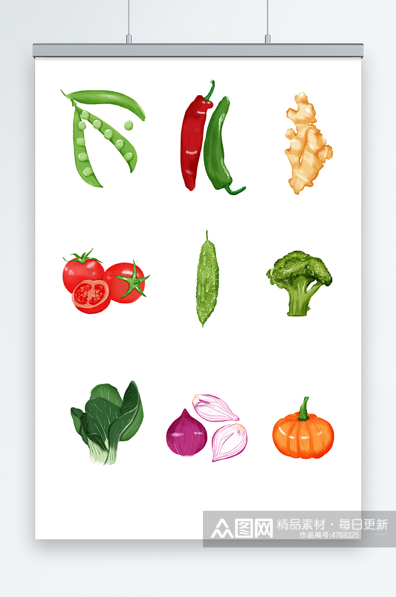 蔬菜豌豆辣椒洋葱西红柿苦瓜元素插画素材