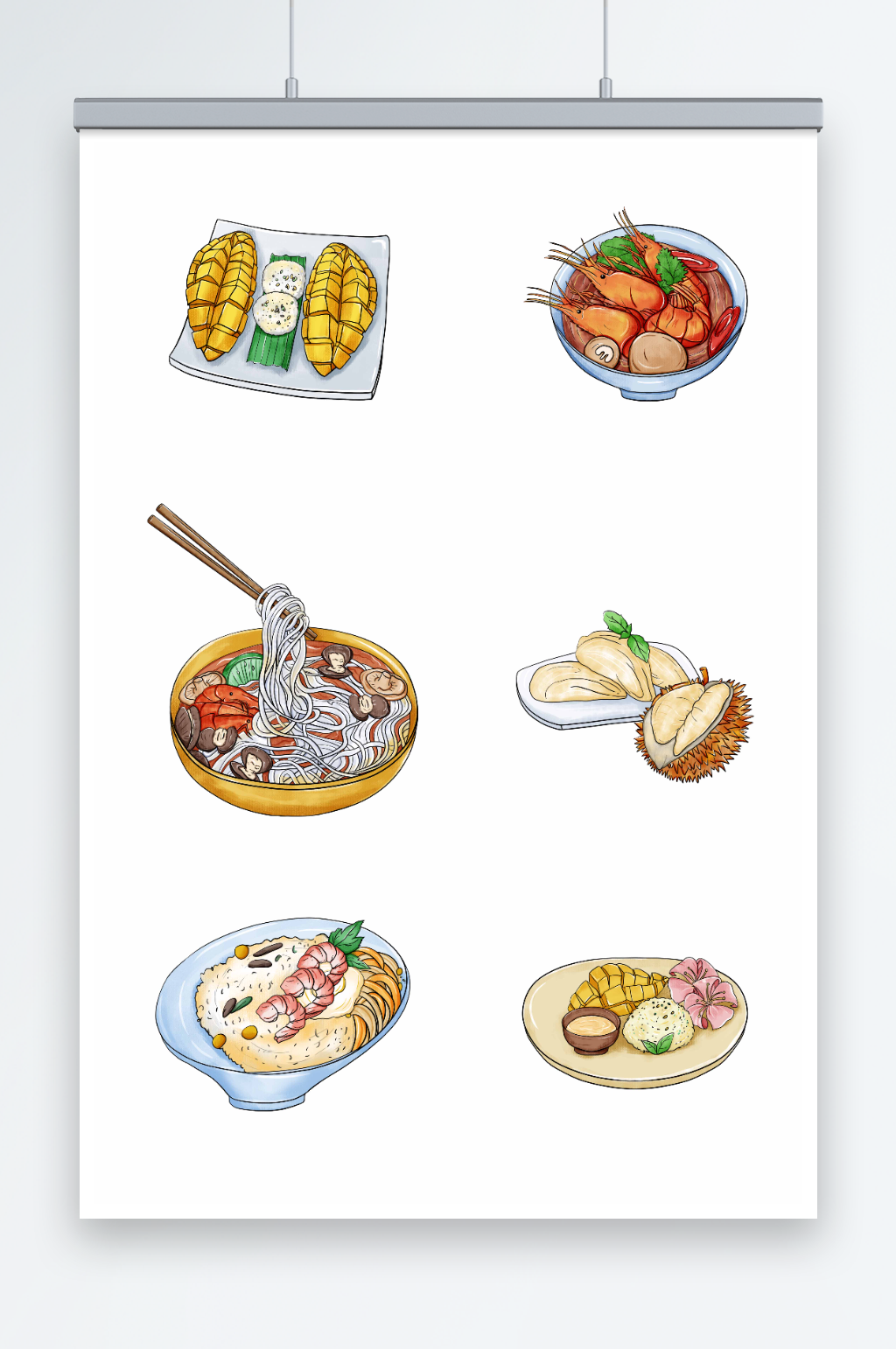 手绘泰国美食菠萝饭冬阴功汤元素插画素材