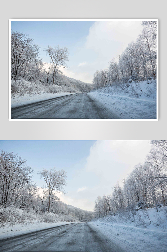 长白山下雪路面摄影图片