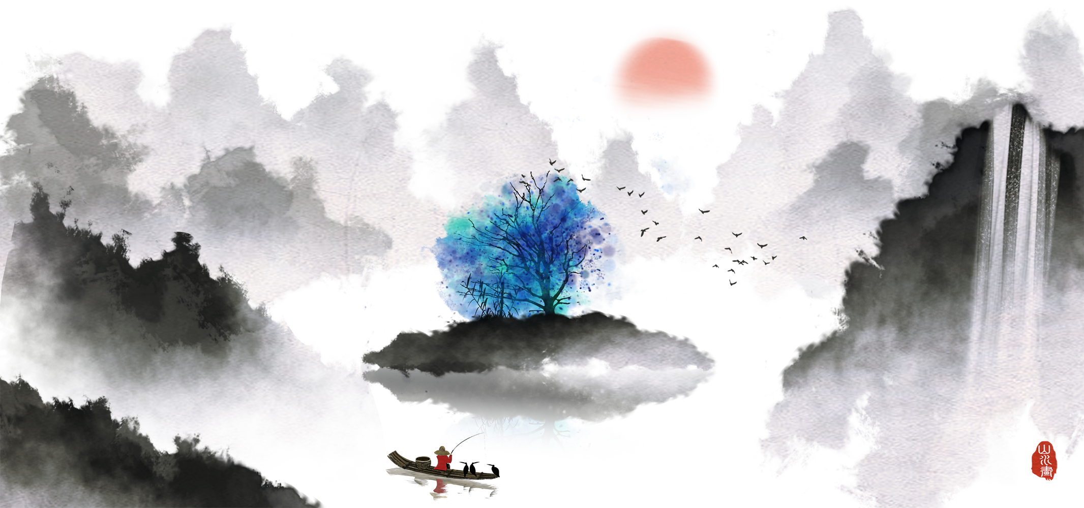 水墨画意山水免抠背景素材