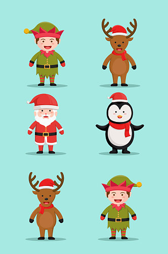 圣诞老人与可爱的动物和精灵字符矢量