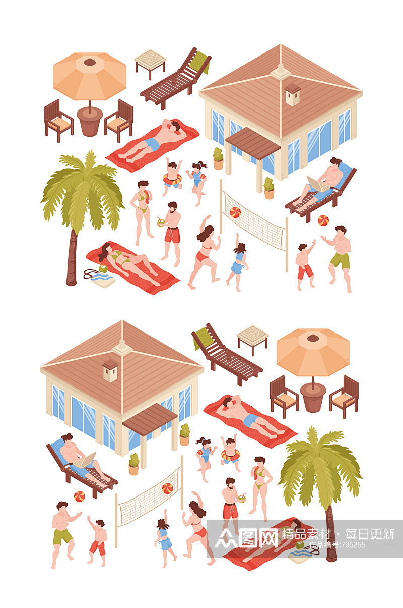 海滩房子热带假日人们插图矢量素材