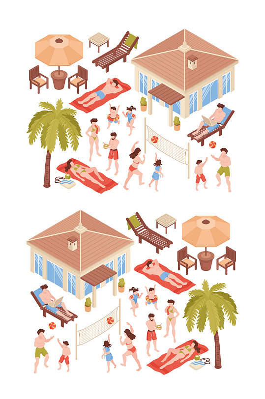 海滩房子热带假日人们插图矢量