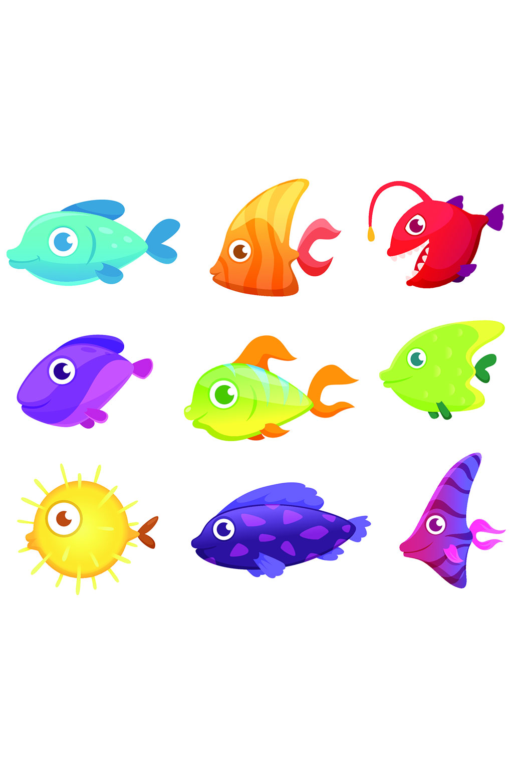 卡通鱼游戏的水下海洋动物矢量图片