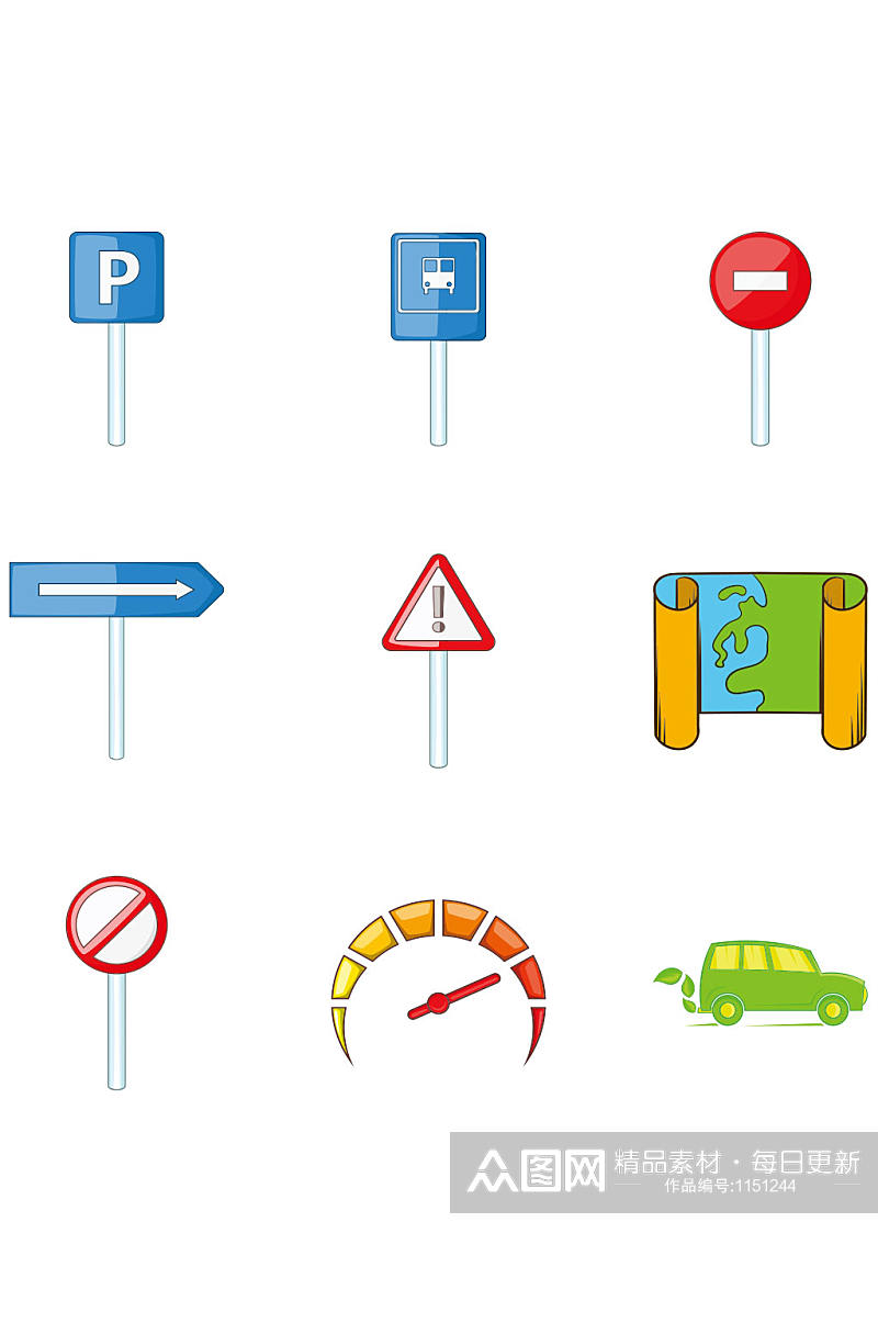 交通标志图标设置动画片套在白色背景素材