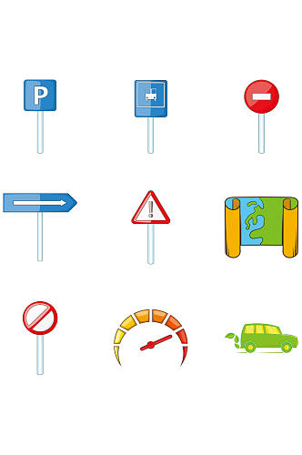 交通标志图标设置动画片套在白色背景