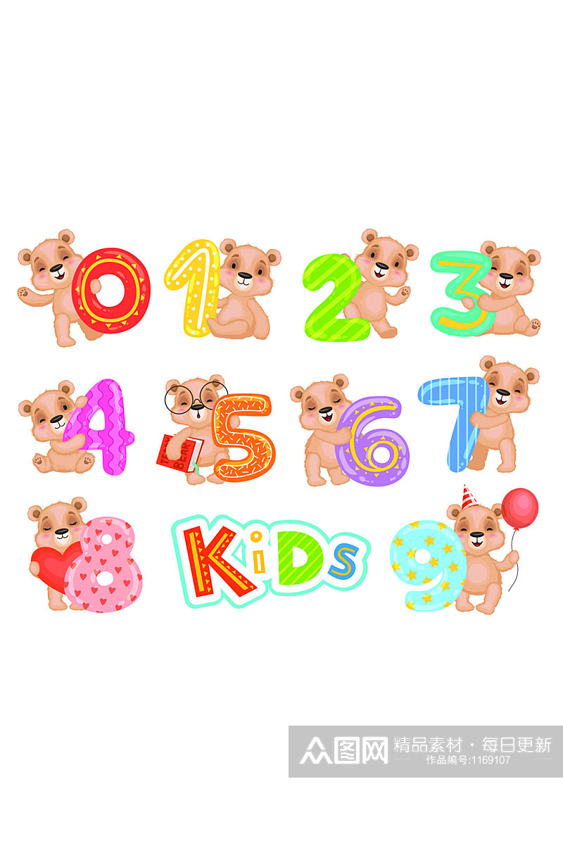 生日数字熊为孩子们庆祝泰迪熊字符素材