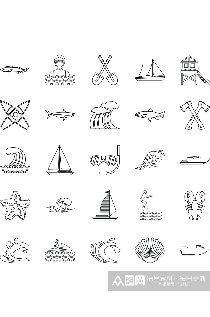 钓鱼的图标集概述套在白色背景网素材