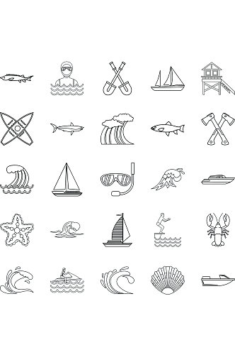 钓鱼的图标集概述套在白色背景网