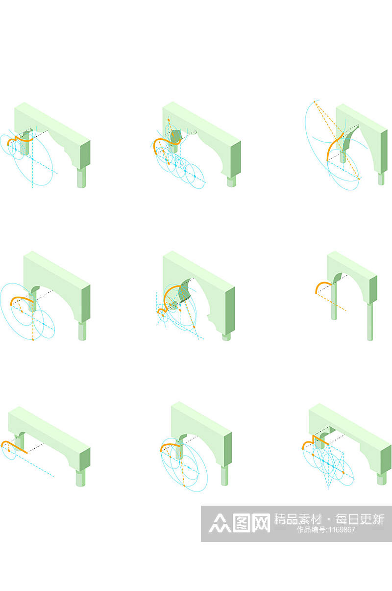 拱的图标集等距套9拱矢量图标在白色素材