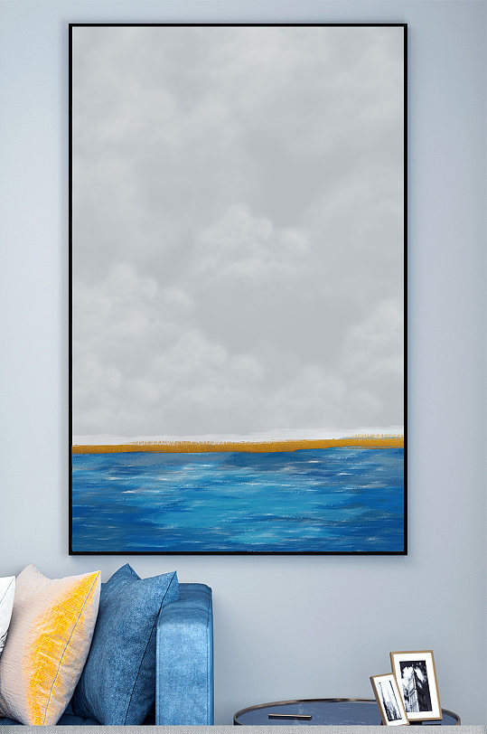 原创轻奢简约风油画风格蓝色大海金箔装饰画