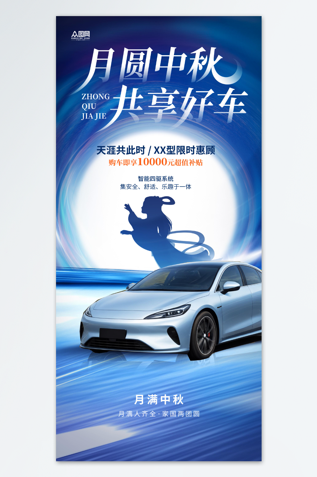 蓝色中秋节汽车行业借势宣传海报素材