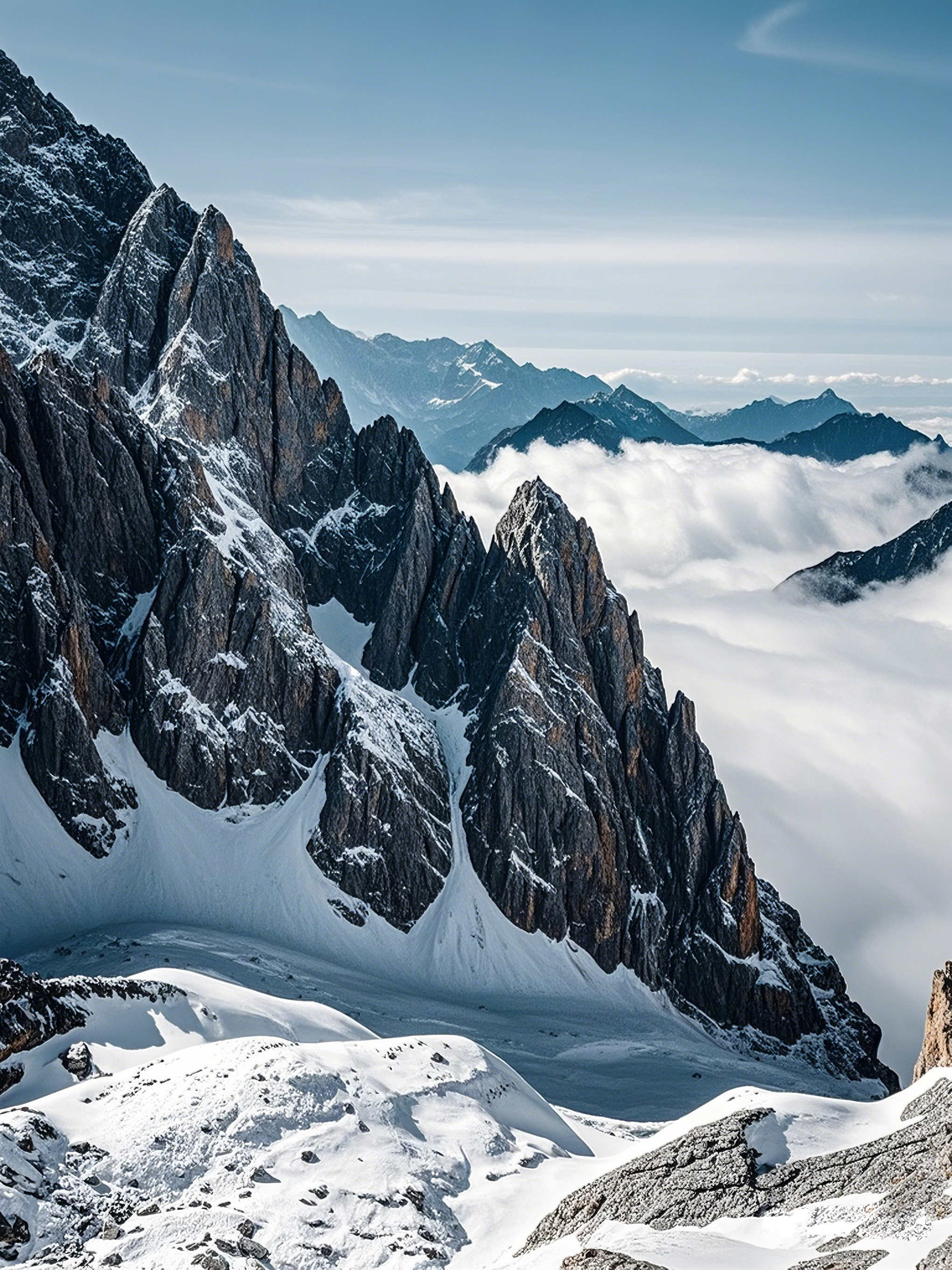 耸立的雪山云海翻涌唯美风景图素材