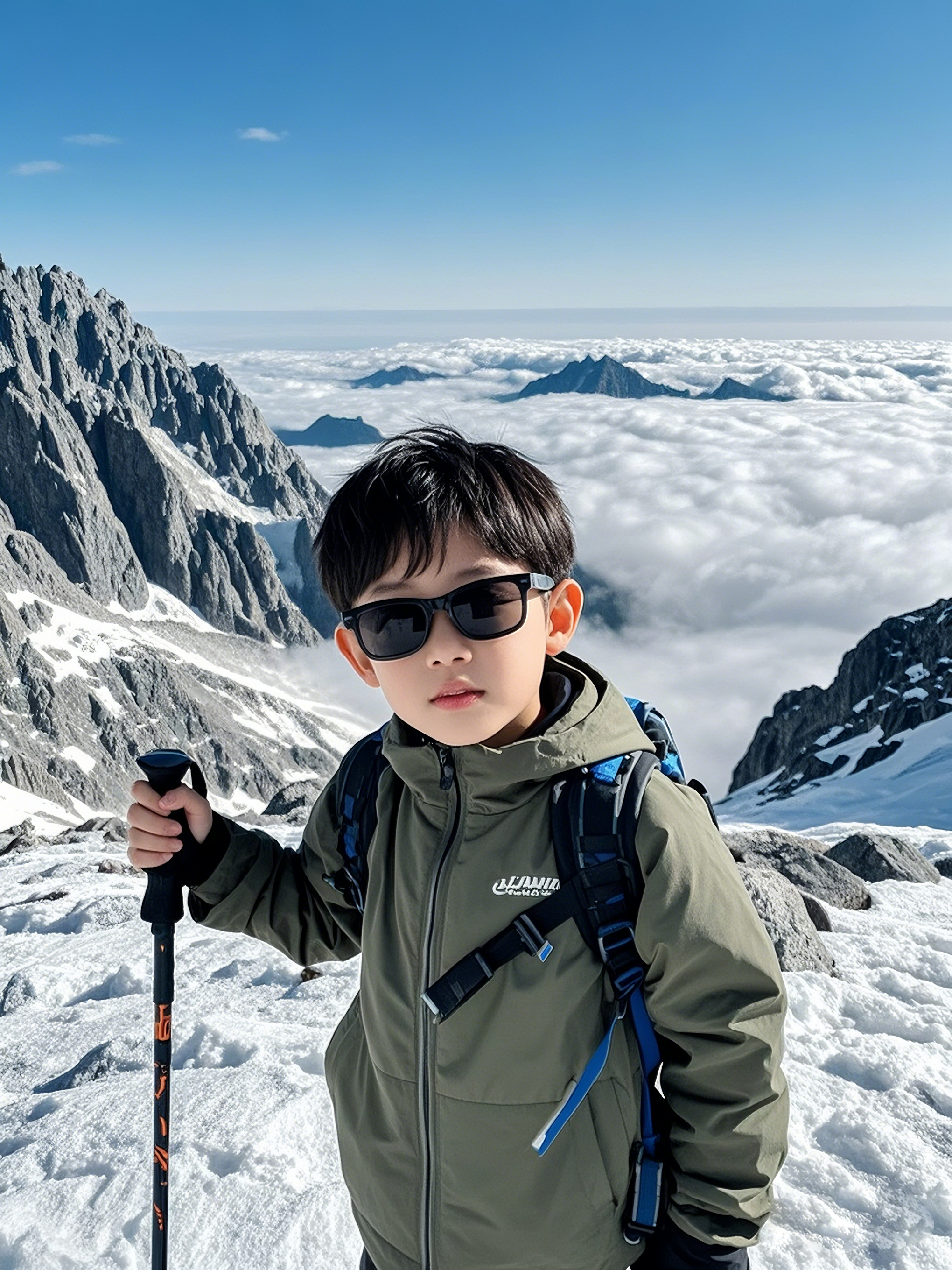 小朋友雪山攀登高峰素材