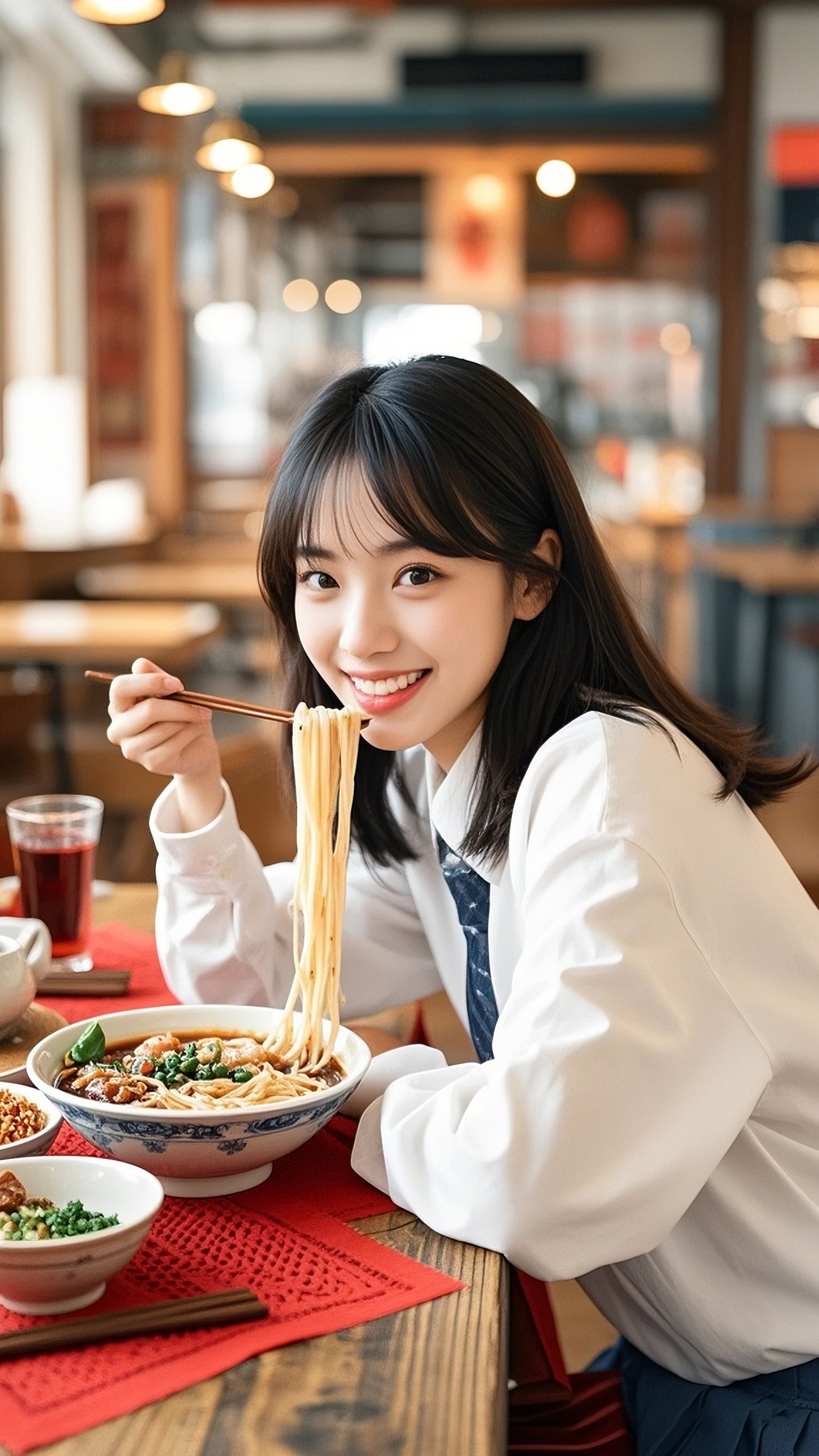 女生吃米线米粉面条宣传图素材