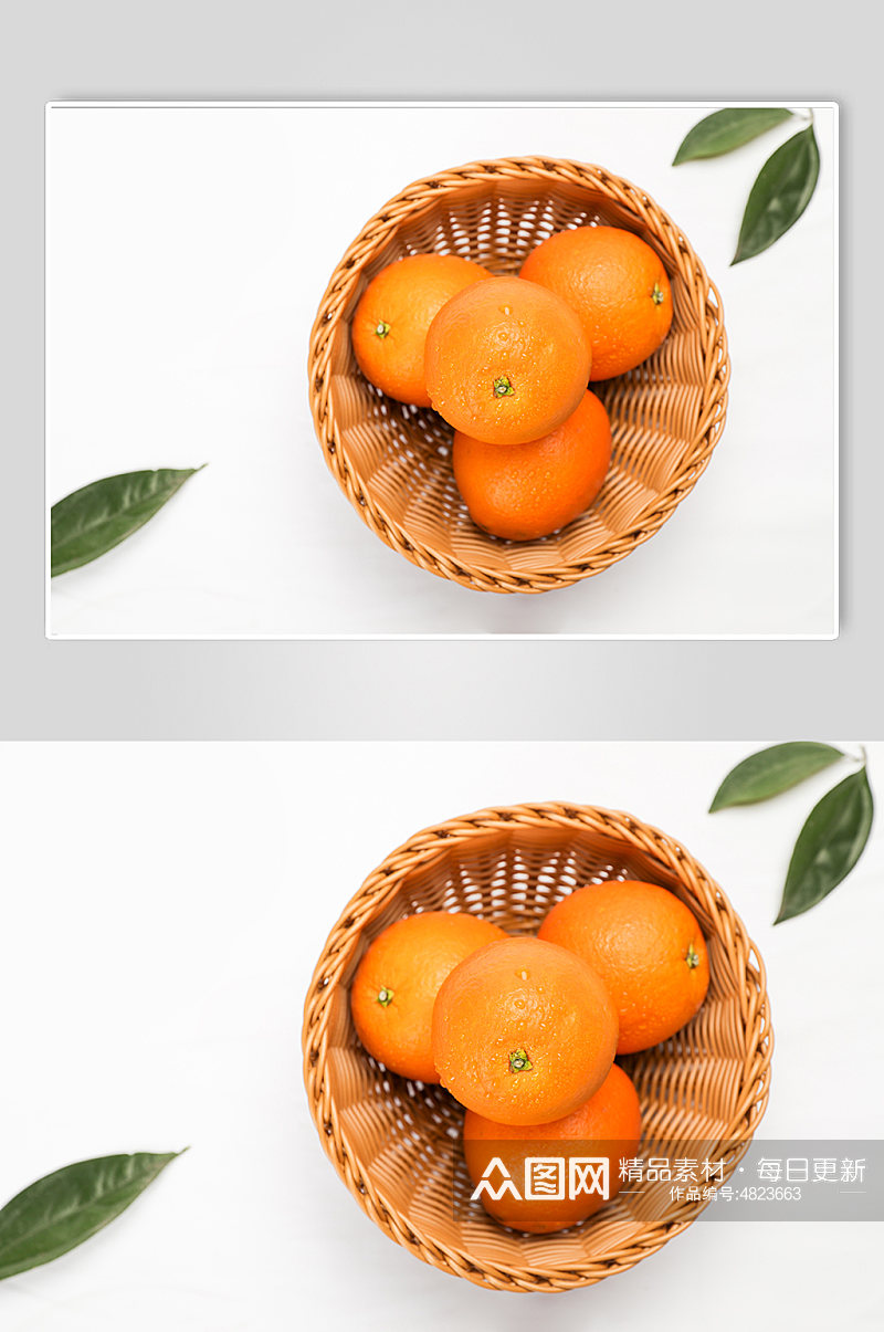 果篮绿叶橙子桔子切面水果物品摄影图片素材