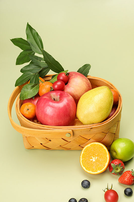 香梨苹果果篮小番茄水果物品摄影图片