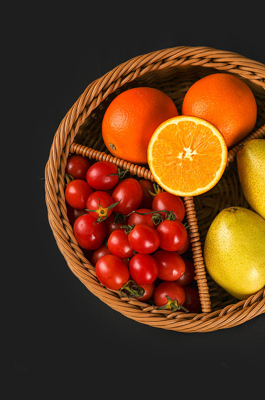圣女果橙子梨子果篮水果物品摄影图片