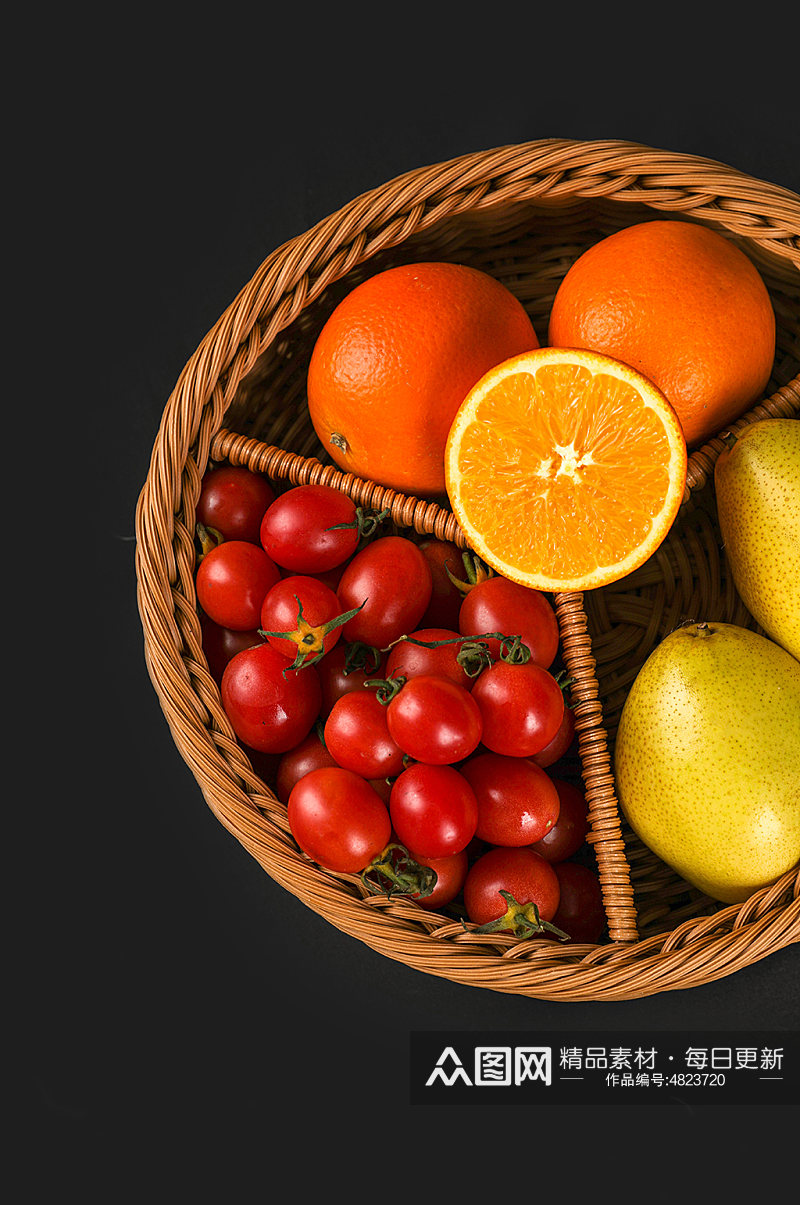圣女果橙子梨子果篮水果物品摄影图片素材