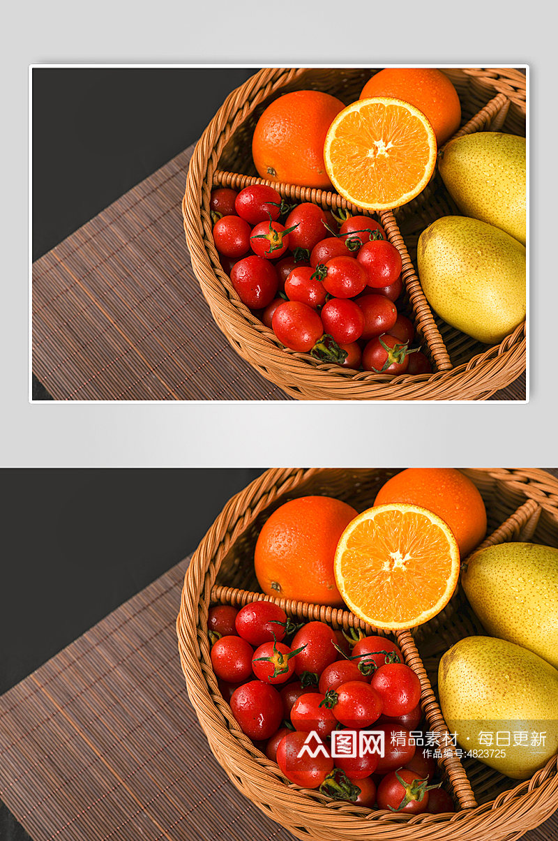 橙子梨子圣女果果篮水果物品摄影图片素材