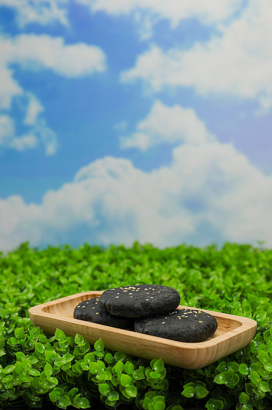 草地的糕点黑芝麻饼豆沙饼食品物品摄影图片