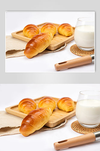 早餐牛角包牛奶面包食品物品摄影图片