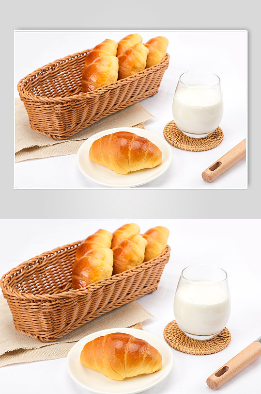 早餐牛角包牛奶面包食品物品摄影图片