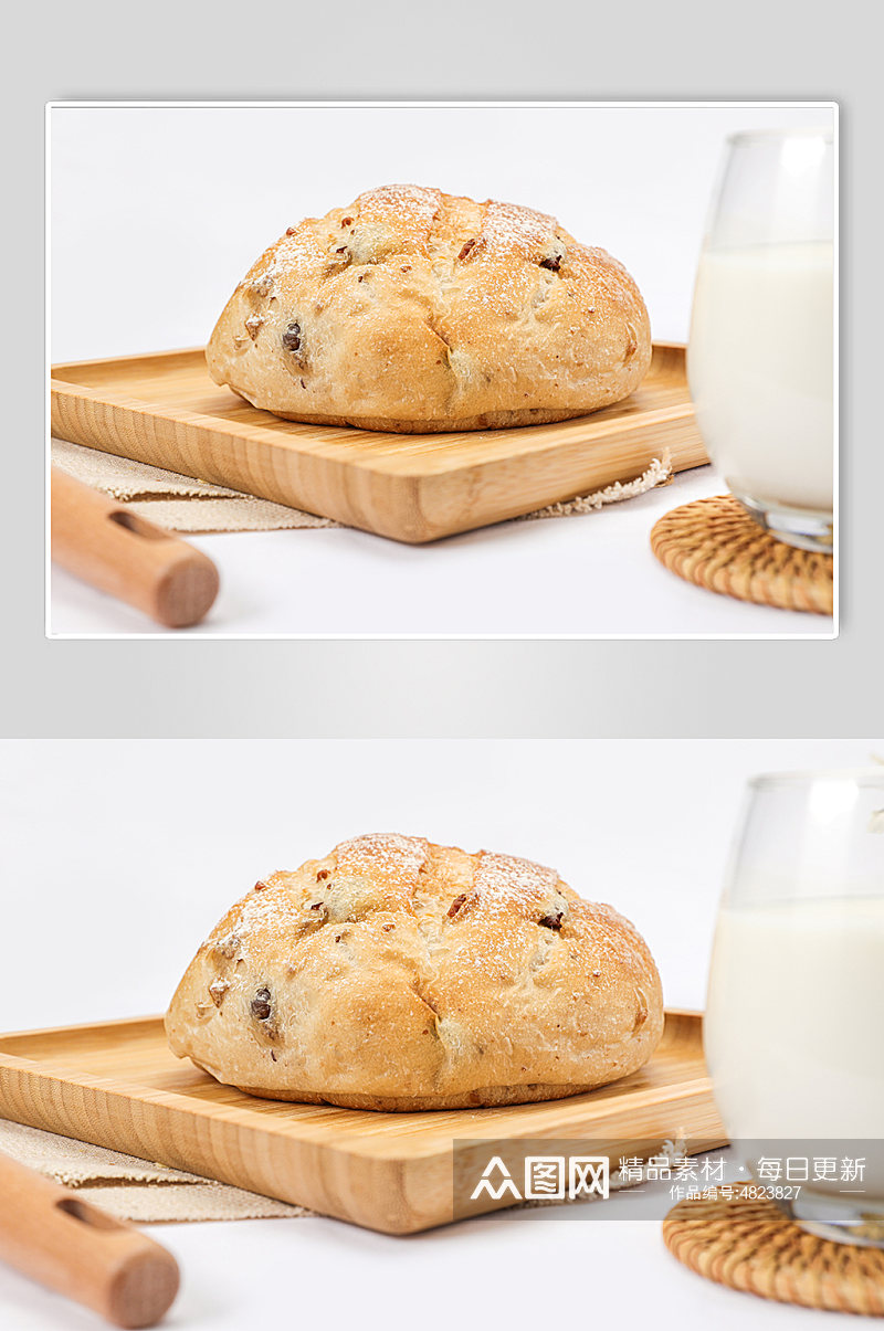 法式果仁全麦面包牛奶食品物品摄影图片素材