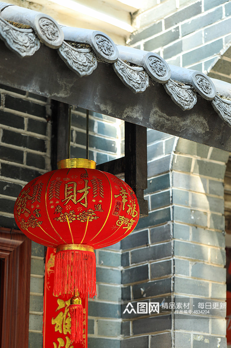 中式建筑屋檐灯笼对联元素摄影图片素材