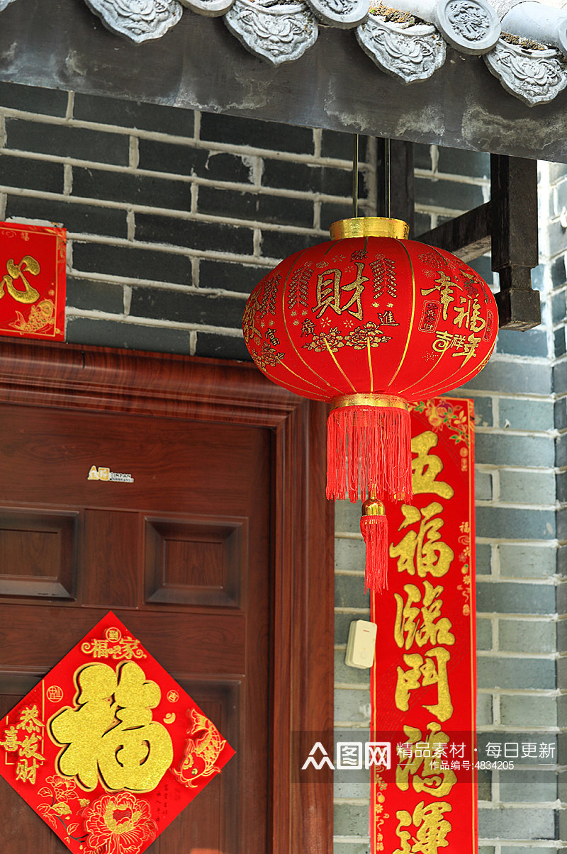 中式建筑红灯笼对联元素摄影图片素材