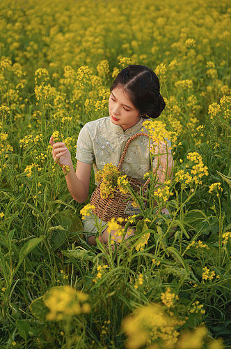 清新少女油菜花赏花季春季旗袍人物摄影图片