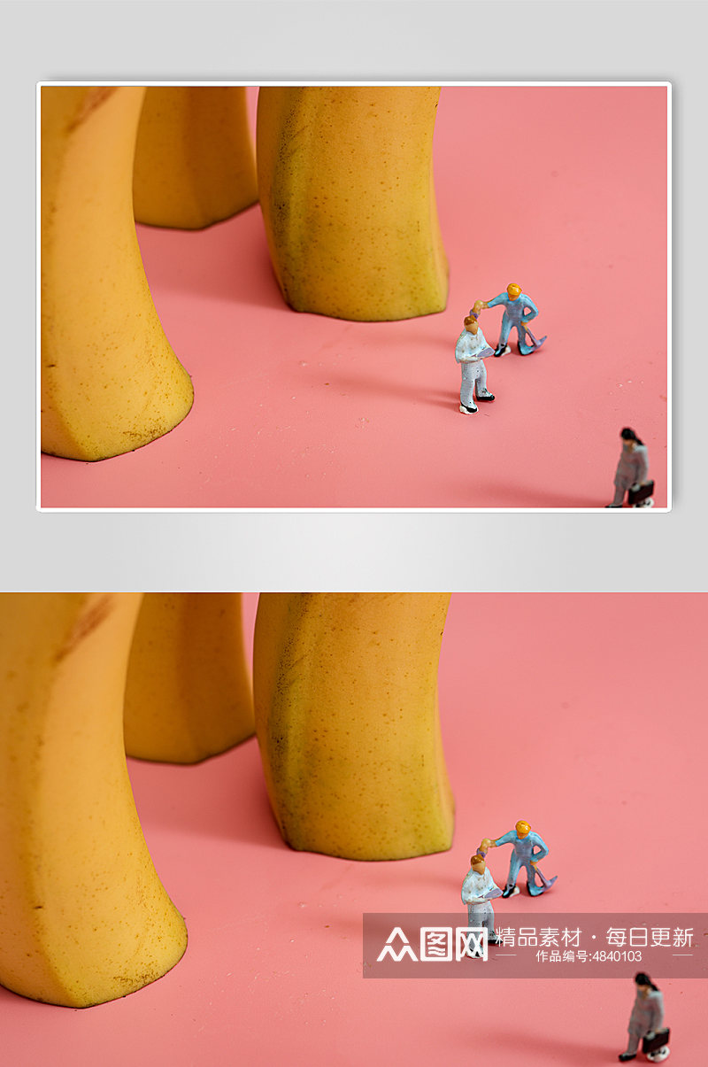 微缩小人新鲜香蕉排列水果食物物品摄影图片素材