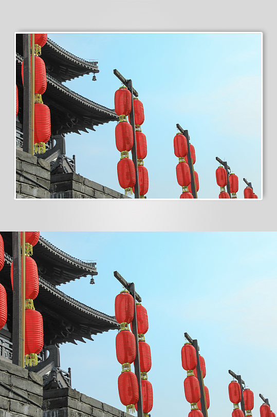 中式古风建筑古风墙挂灯笼摄影图片
