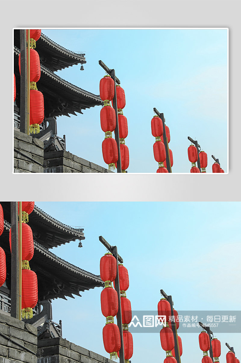 中式古风建筑古风墙挂灯笼摄影图片素材