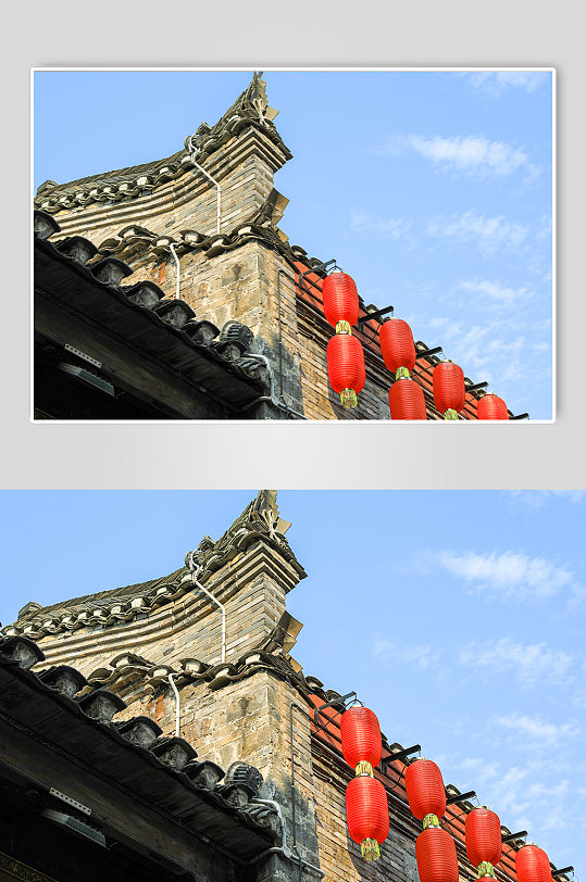 中式古风建筑古风屋檐红灯笼摄影图片