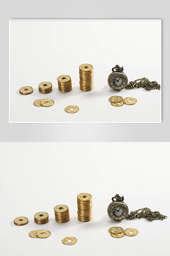 四叠铜币货币怀表金融贸易摄影图片
