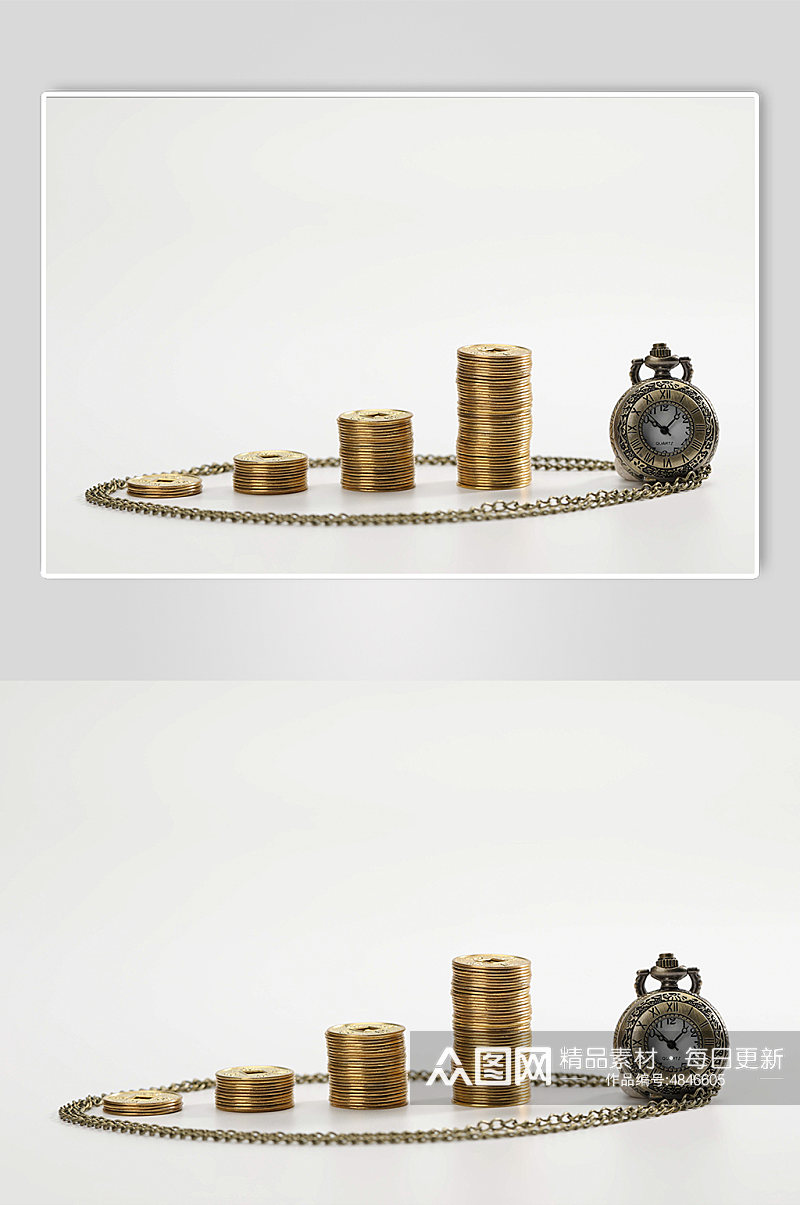 四叠铜币货币怀表金融贸易摄影图片素材